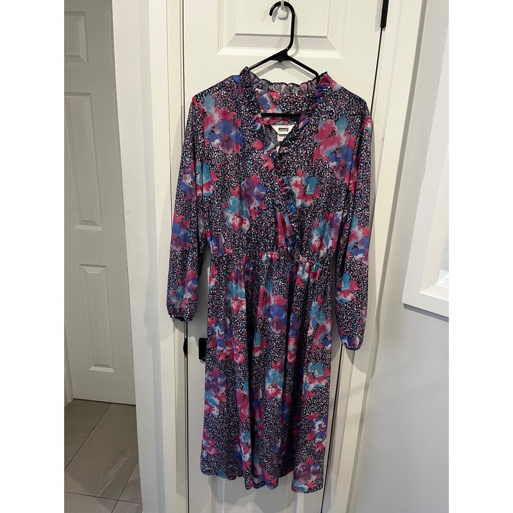 Montgomery Ward 70s Floral Midi Dress Ruffle‎ V Neck Long Sleeve Vintage Size 14
